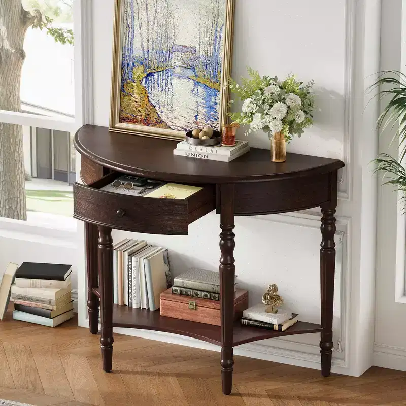 Farmhouse Half-Moon Console Table with Drawers and Shelves Rustic Side Table, Sofa Table for Living Room Rich Coffee Brown