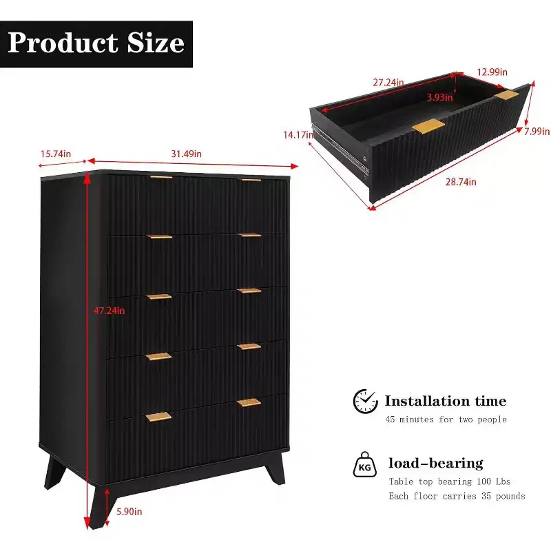 48 Tall Mid Century 5-Drawer Dresser with Textured Panels, Multi-Room Storage for Bedroom Living Room, Wood Tone Finish Easy Assembly