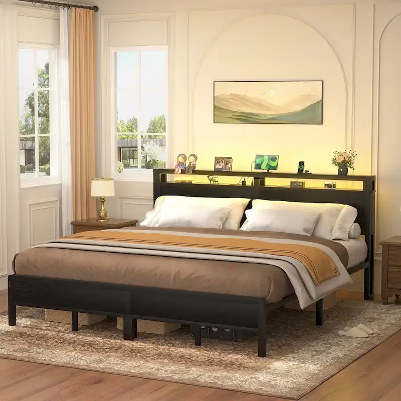 Metal Platform Bed Frame with Storage Headboard, LED Lights, and Charging Station