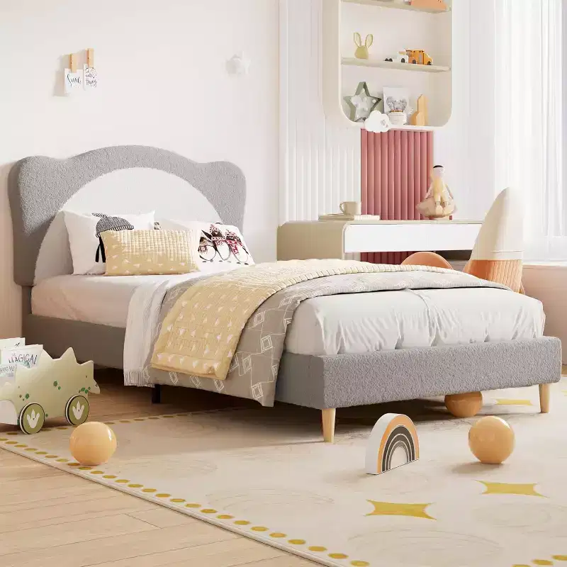 Twin Size Bed Frame for Kids - Cute Velvet Princess Platform Bed with Upholstered Headboard for Kid, Solid Wood Slats Support, No Box Spring Needed