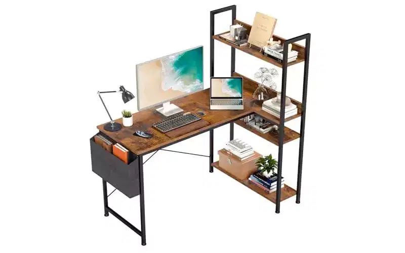 Okak Modern Reversible L-shaped Computer Desk with Standing Adjustable Bookshelf,Teens Student Storage Writing Desk for Study,Office