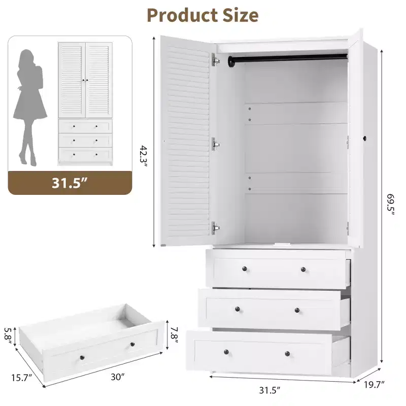 Natural Wood Wardrobe with 2 Rattan Doors & 3 Drawers, Single-Person Standing Closet