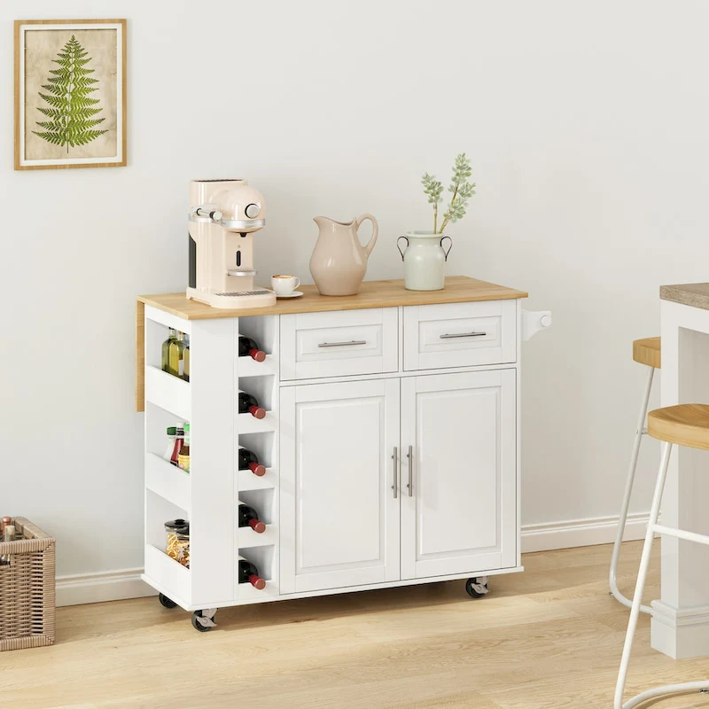 Foldable Kitchen Island Cart with Spice Rack, Towel Holder & Wine Rack