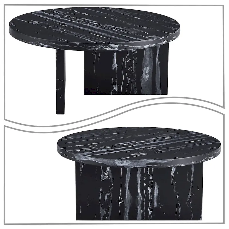 Modern Stylish Wooden Round Coffee Table with Imitation Marble Veneer Surface