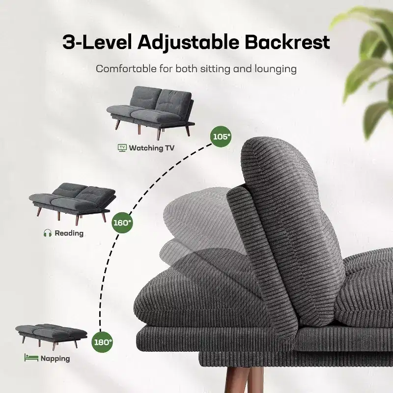 66.1 In Futon Couch with Adjustable Backrest Armrests, Thickened Futon Sofa Bed, Small Sleeper Sofa Bed for Small Apartments, Study Room, Office