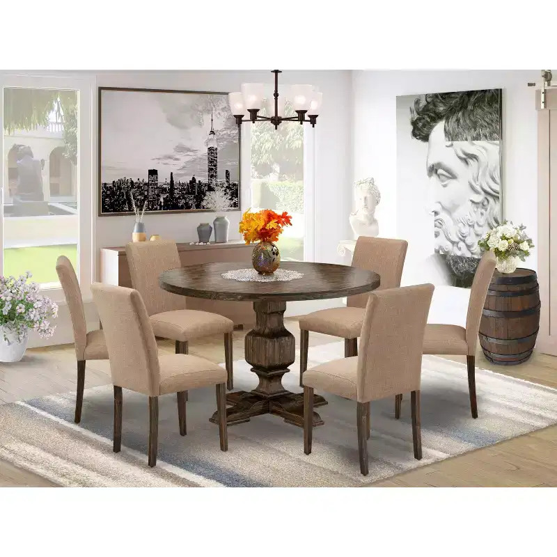 HomeStock Belmont 7 Piece Table Set Dining Room Table and 6 Light Sable Linen Fabric Chairs with High Back - Distressed Jacobean Finish
