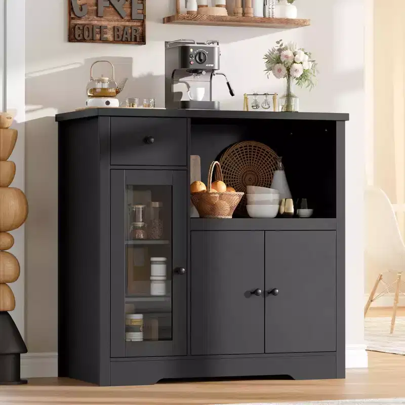 White & Walnut Kitchen Microwave Cabinet - 3-Door Pantry Storage Buffet with Adjustable Shelves for Dining Room, Living Room & Hallway