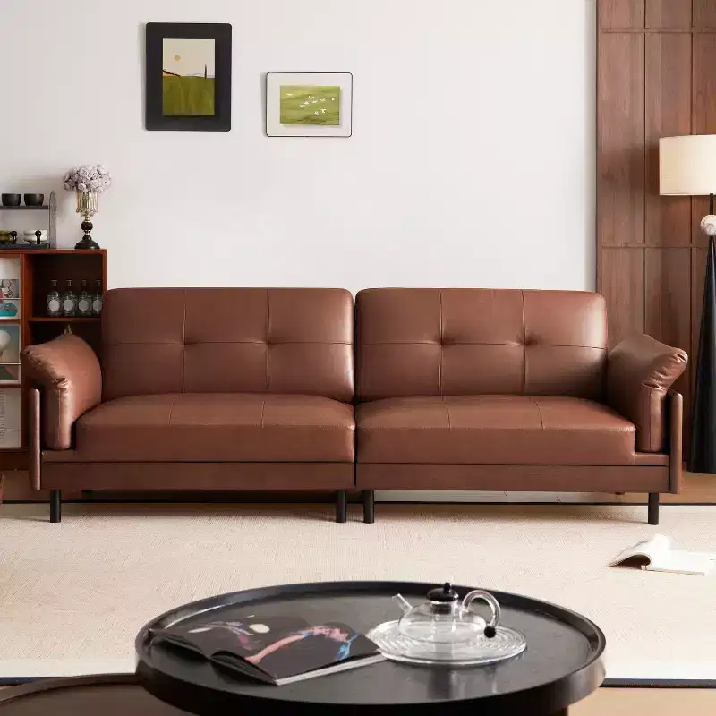 90Inch Mid Century Modern Brown Leather Sofa, Vintage Luxury Leather Sectional Couch With Solid Wood Exterior And Hand-Tufted for Living Room