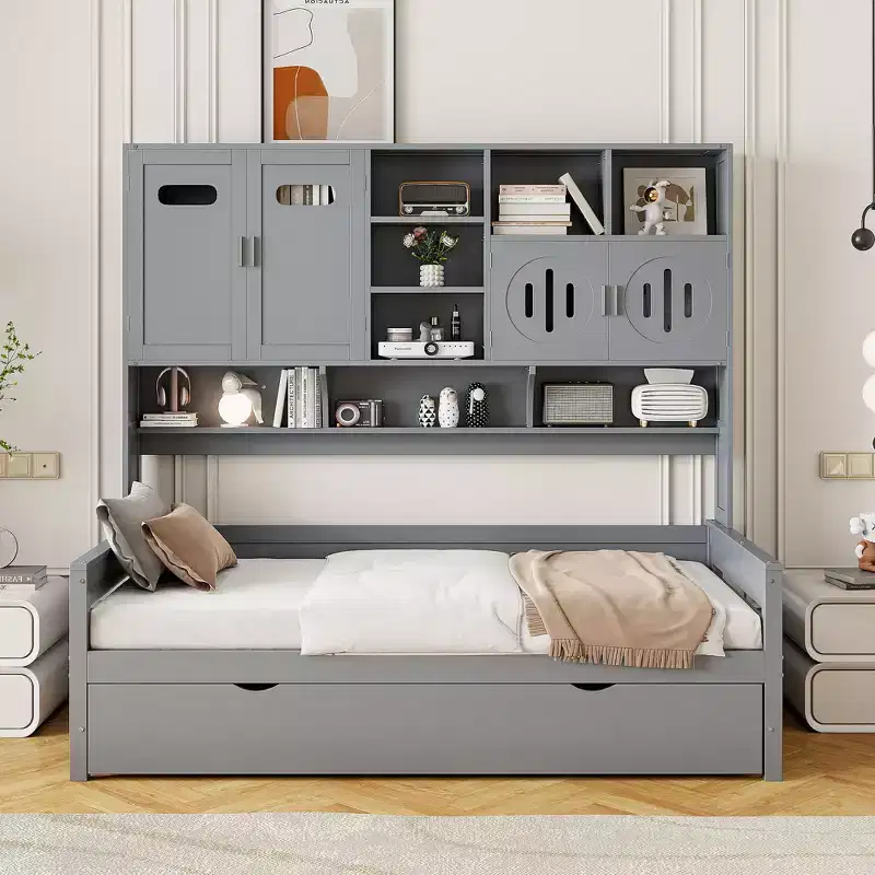 Twin/Full Daybed with Storage Bookcase and Trundle, Wooden Day Bed with Storage Cabinets & Shelves