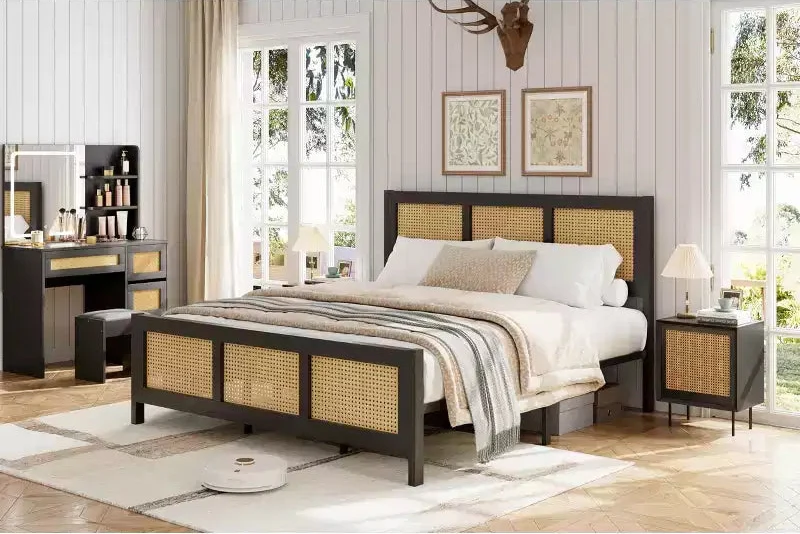 Rattan Bed Frame with Headboard, Boho Cane Platform Bed Frame with Strong Metal Slat, Noise Free, No Box Spring Needed