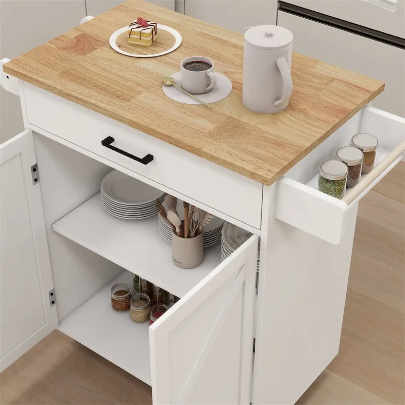 Kitchen Island Rolling Trolley Cart w/Adjustable Shelves,Wood Tabletop