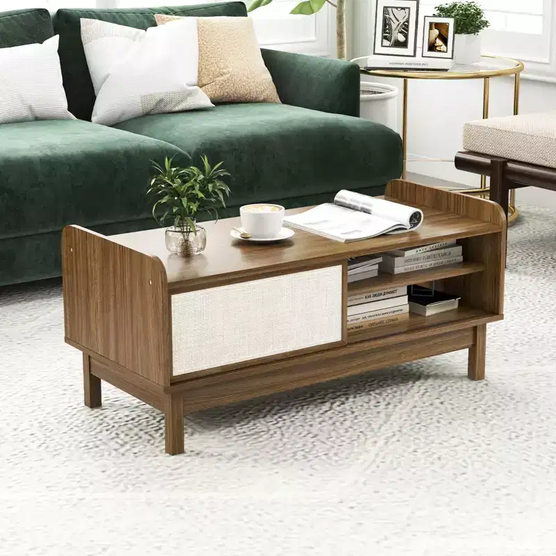 Mid Century Modern Coffee Table with Rattan Sliding Doors and Adjustable Shelf