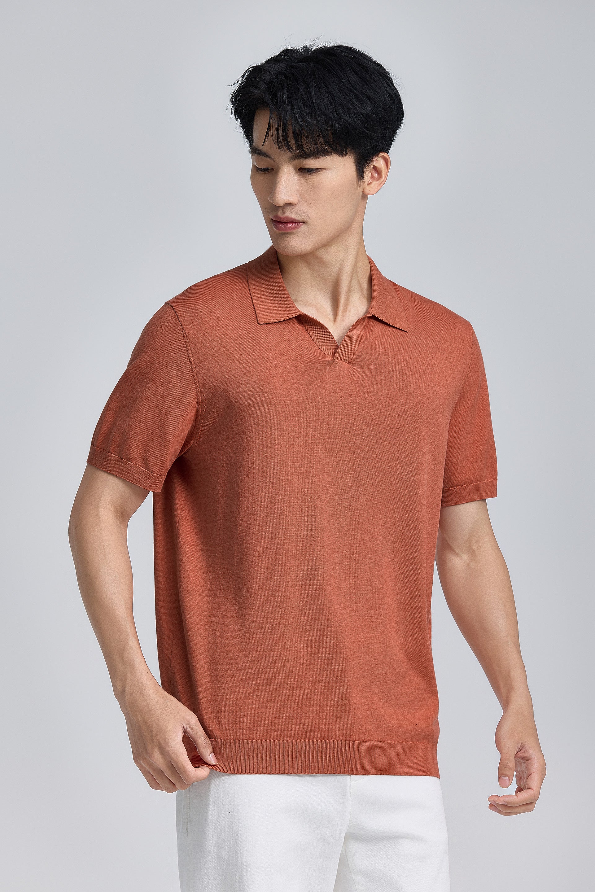Flat-Knit Buttonless Sweater Polo – Orange Rust