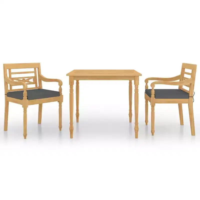 vidaXL Outdoor Dining Set - 3 Piece Patio Set, Solid Teak Wood, Square Table, Retro Style, Cushioned Chairs, Dark Grey Cushions