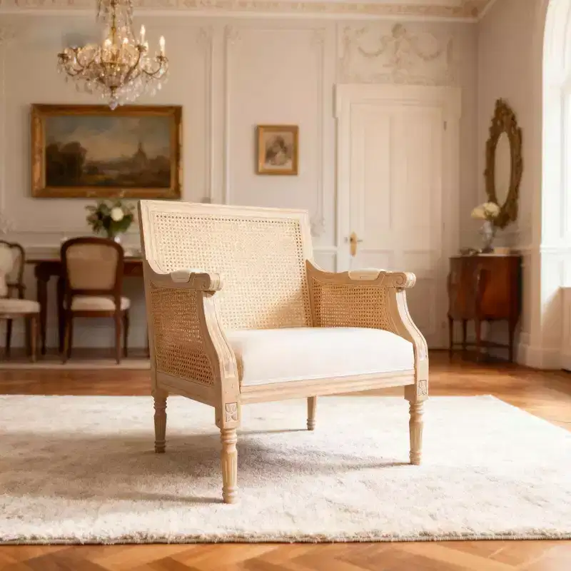 GDFStudio Bertie Rattan and Rubberwood Upholstered French Accent Chair