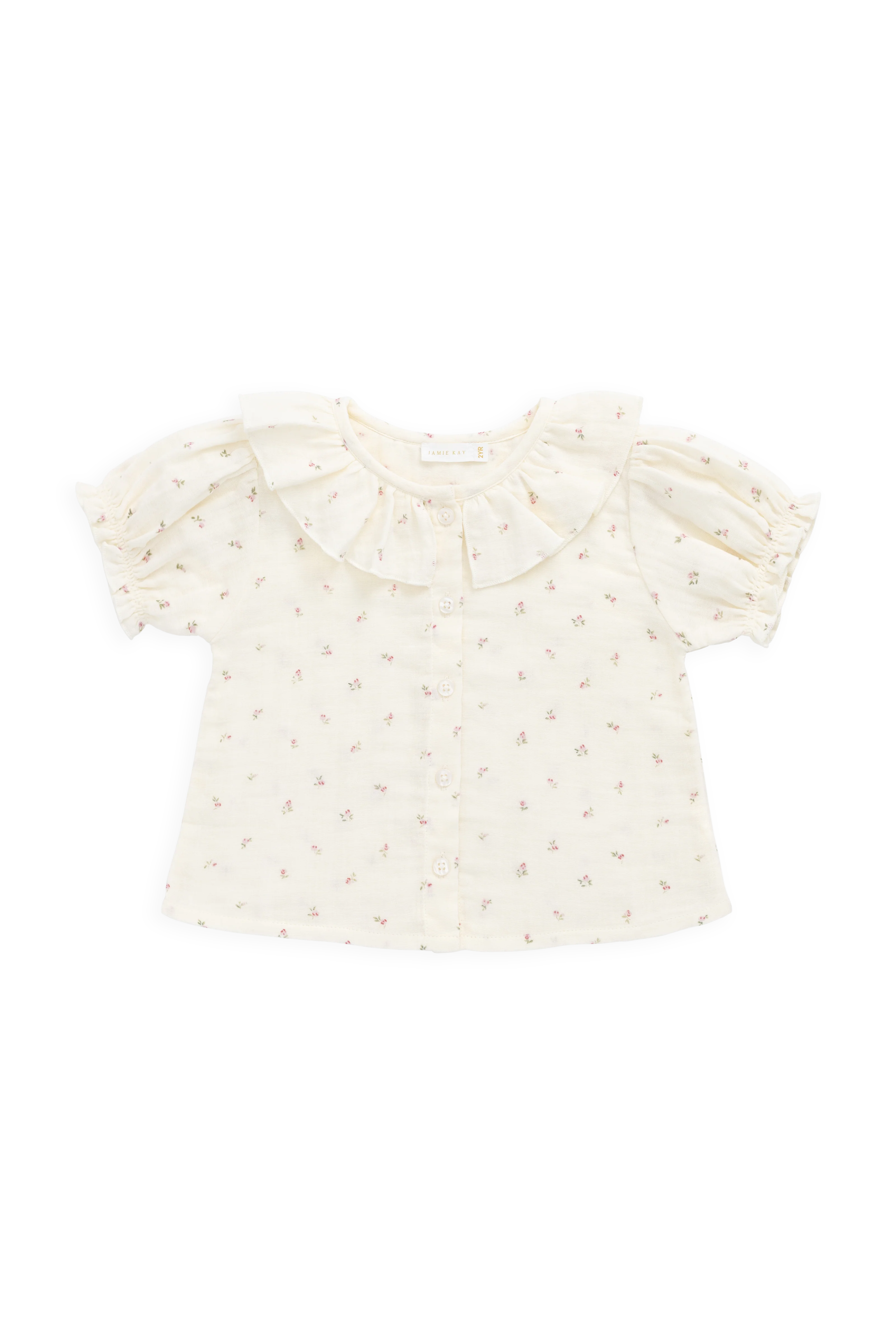 Floral Organic Cotton Muslin Top with Ruffled Collar & Button Front for Girls 0M–10Y