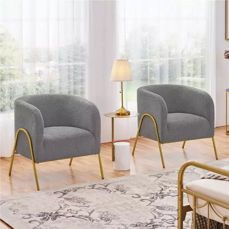 Set of 2 Barrel Shaped Armchair with Gold tone Metal Legs for Living Room Bedroom