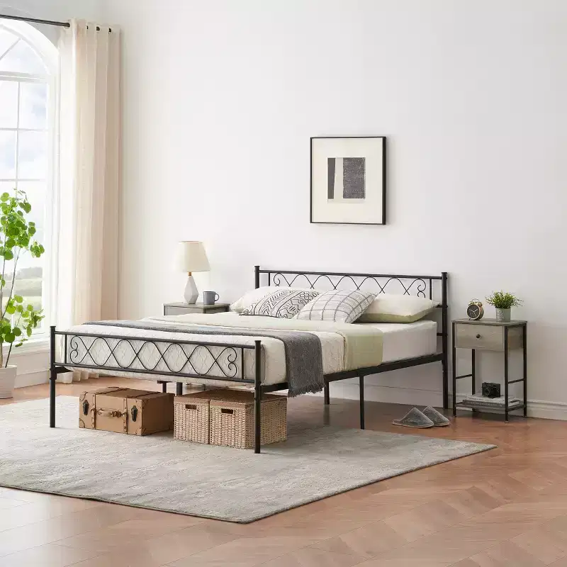 1-Piece Modern Metal Bed Frame - 13.7 Underbed Storage, Headboard & Footboard with Metal Slats, No Box Spring Needed