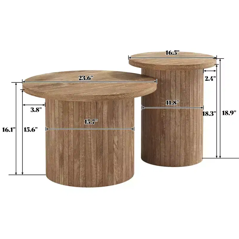 AMERLIFE Rustic Nesting Coffee Table Set, Round Wood Finish Side Tables for Living Room