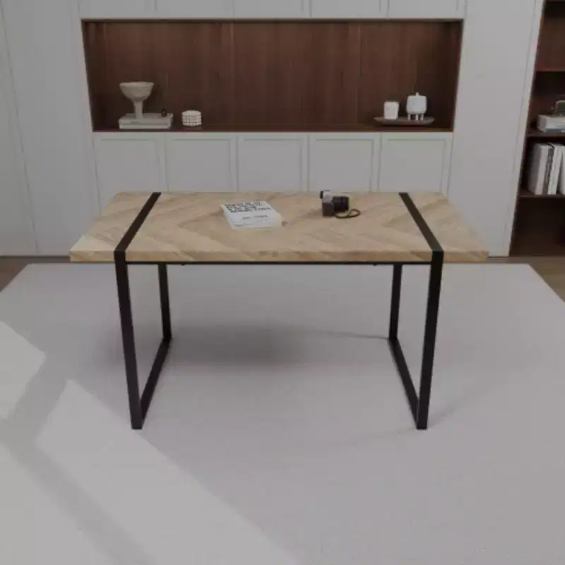 Modern Ind. Rect. MDF Nat. Wood Table (4-6), 1.5 Eng. Wood Top, Black Metal Legs, Home/Kitchen.