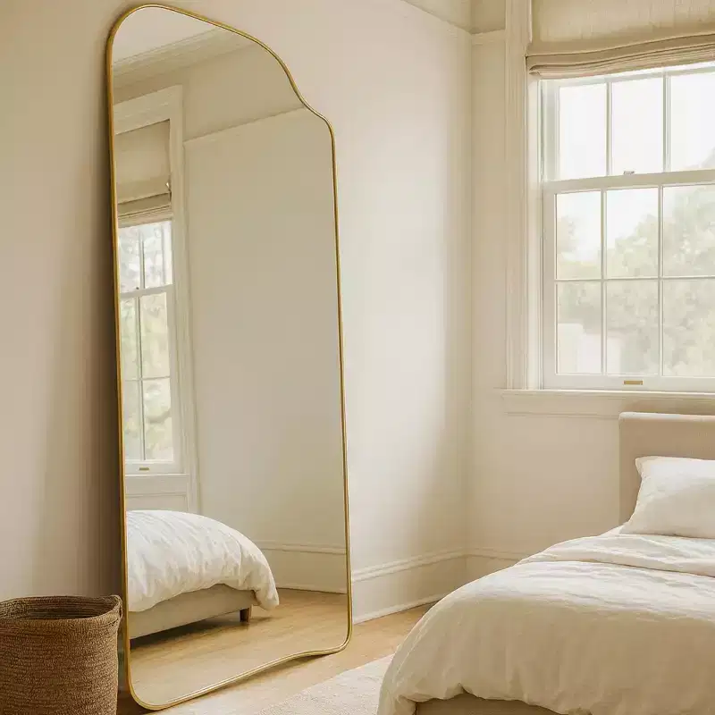 Gold Asymmetrical Full Length Mirror, Irregular Curved Gold Frame, 65 H x 35 W, Large Hanging Full Body Mirror for Bedroom or Living Room