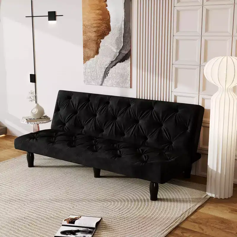 MAYEERTY Loveseat Velvet Sofa Bed Transforms Seamlessly for Living Room Bedroom Apartment Black