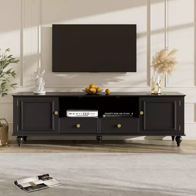 Modern TV Stand with Open Compartment for 80 TV, TV Storage Cabinet Table with Drawers, Media Console Table with Solid Legs for Living Room