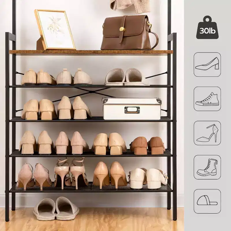 ACOINEL Hall Tree with Bench, Industrial Coat Rack & 5-Tier Shoe Storage, 5 Hooks Holds 12-16 Pairs Shoes for Entryway, Hallway, Foyer