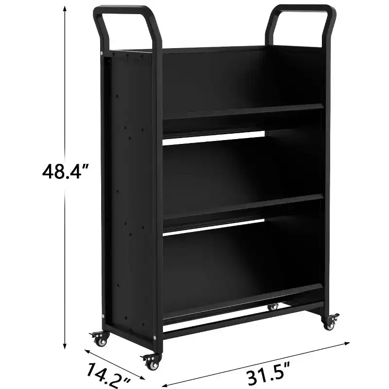 3 Tier Rolling Book Cart,Metal Utility Storage Carts with 4 Lockable Wheels & Side Hooks,Storage Bookshelf for Home Library School Office Study