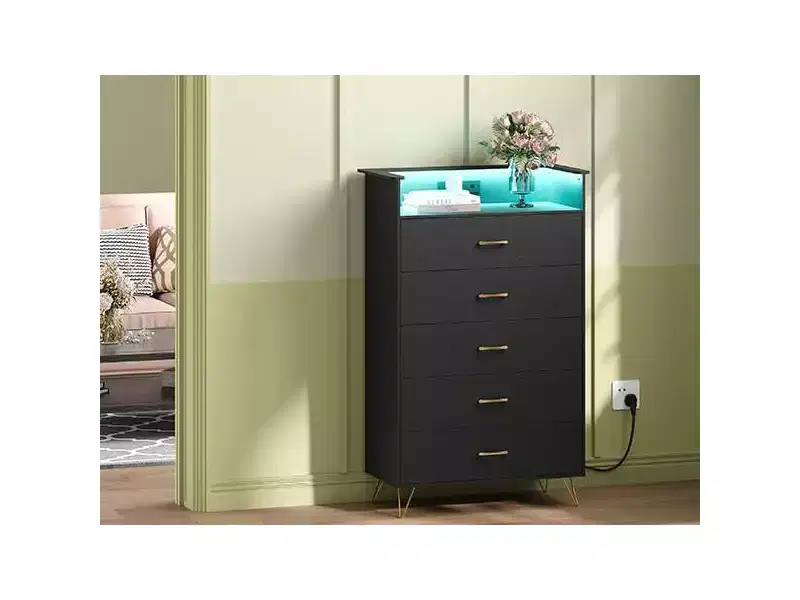5 Drawer Dresser with Charging Station & LED Lights Tall Wooden Chest for Bedroom, Living Room, Hallway Space-Saving Narrow Storage Cabinet