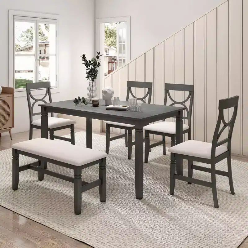 6 PCS Farmhouse Wood Dining Table Set with Table and Upholstered Chairs-ModernLuxe