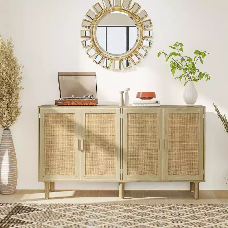 Bohemian Sideboard, 62.2 Buffet Cabinet with 4 Rattan Doors and Shelves for Living Room, Hallway