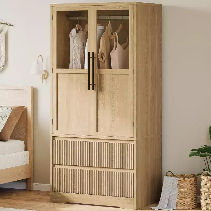 Bedroom Wooden Large Armoire Wardrobe Closet, with Glass Doors and 2 Drawers, Shelves & Hanging Rod for Bedroom, Cloak Room