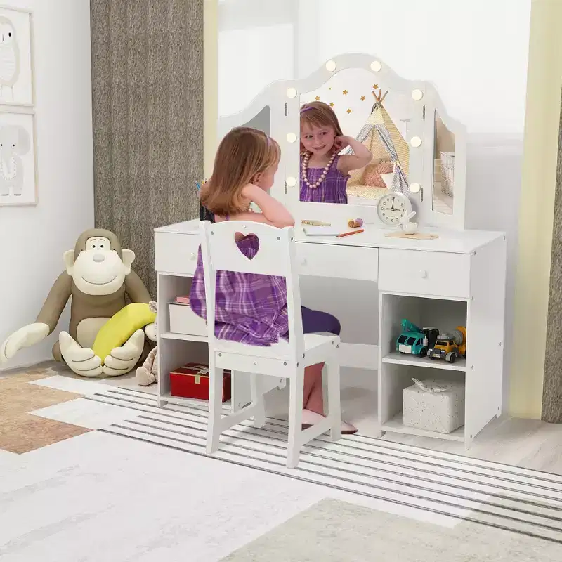 Kids Vanity with Lights, Princess Makeup Vanity Desk with Storage Cabinet & Touch Light Detachable Tri-Folding Mirror, Toddler Vanity Table, White