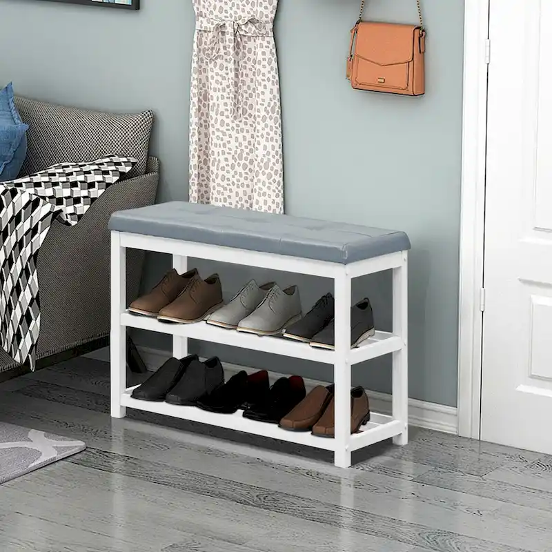 2-Tier Wooden Shoe Rack Bench with Padded Seat - 31x 16x 24(L x W x H)