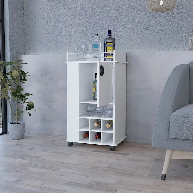 Bar Cart with Casters Reese, Six Wine Cubbies and Single Door for Kitchen, Party and Living Room