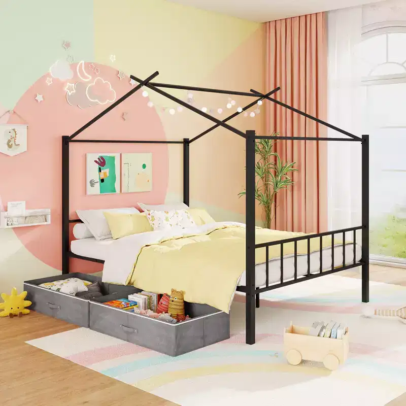 Full Size Metal House Bed with 2 Fabric Drawers, Heavy-Duty Platform Bed