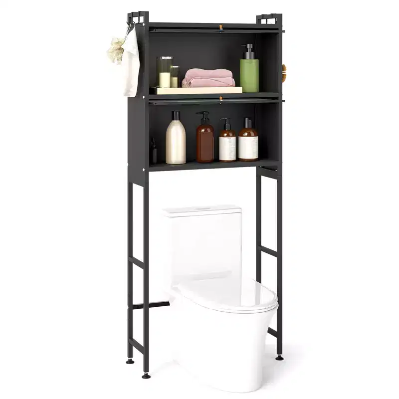 Black/White Over-Toilet Storage Cabinet with 2 Flip-up Cabinets & 4 Hooks, 1-Person Use