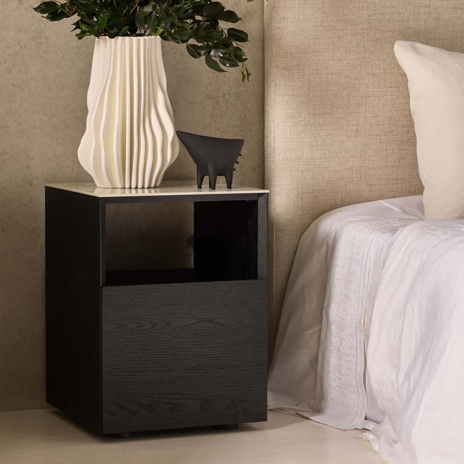 Modern Black oak Marble Bedside Table for Bedroom