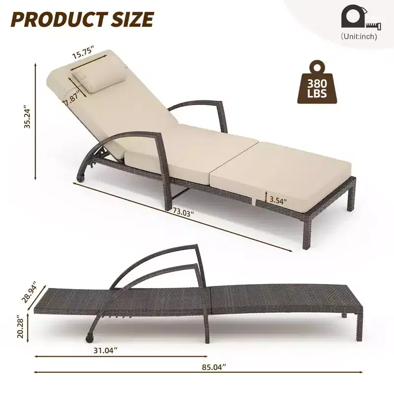 Coolmee Outdoor Chaise Lounge Set of 2 Rattan Patio Folding Chaise Lounge Adjustable 5 Position Back Patio Pool Lounge Chair with Cushion Pillow