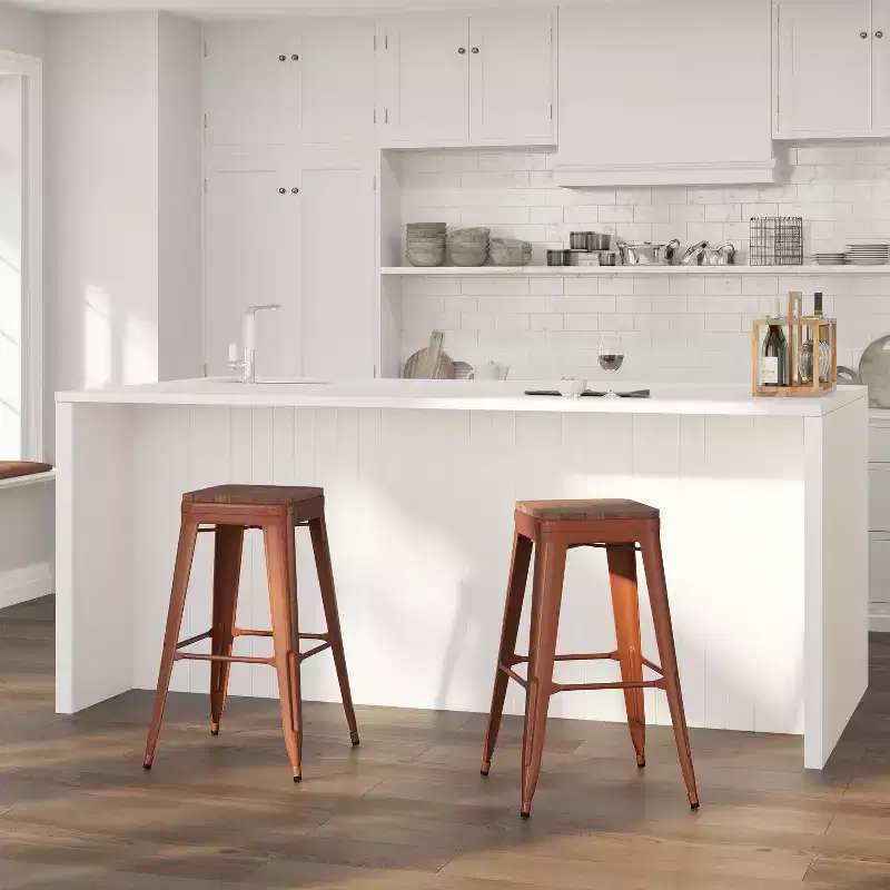 Backless Metal Dining Stool with Wooden Seat, 30