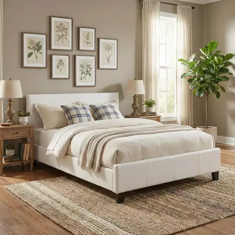 Contemporary Faux Leather Upholstered Platform Bed Frame with Adjustable Headboard