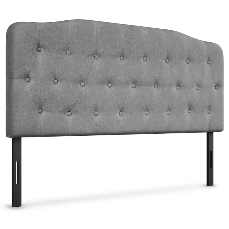 Queen Upholstered Headboard Adjustable Button Tufted Faux Linen Light Grey