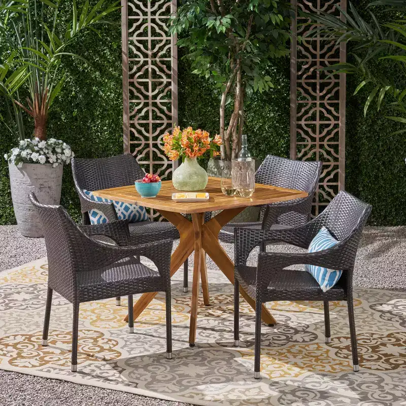 Christopher Knight Home Laura 5 Piece Rattan and Iron Dining Set with X Base Acacia Wood Table