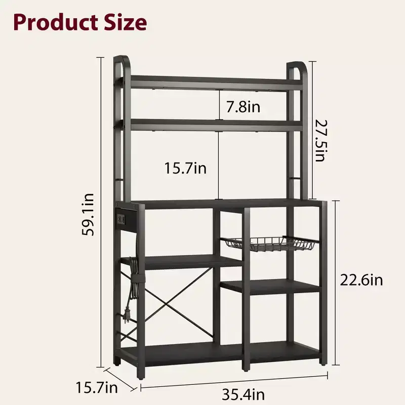 5-Tier Bakers Rack with Wire Basket, Microwave Stand with Power Outlets and Open Kitchen Shelving