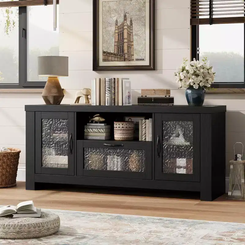 55 Farmhouse TV Stand with Water Ripple Acrylic Doors  Entertainment Center for 55 TVs, Adjustable Shelves, 300 lbs Capacity