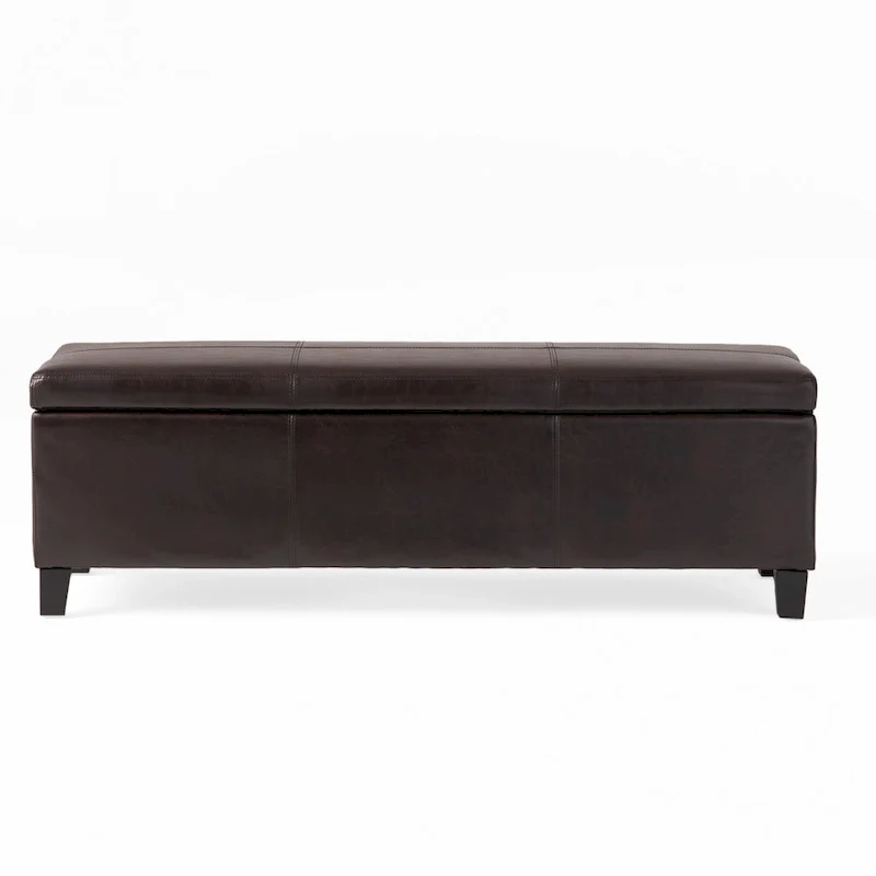Storage Ottoman Bench, Detailed Brown Faux Leather, 51 Inch