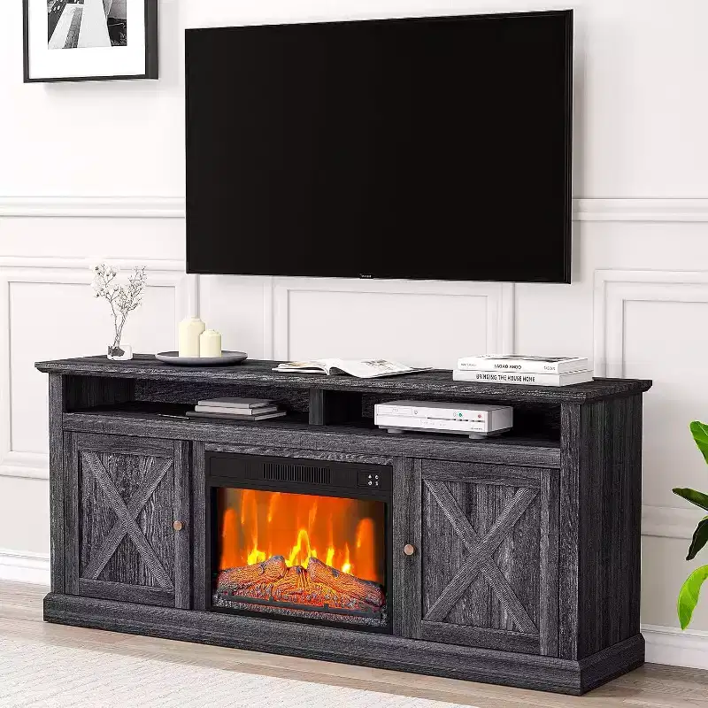 Farmhouse Fireplace TV Stand for 80Inch TV, 67 Tall Highboy Entertainment Center w/Electric Fireplace, Media Console w/Side Cabinets for Living Room