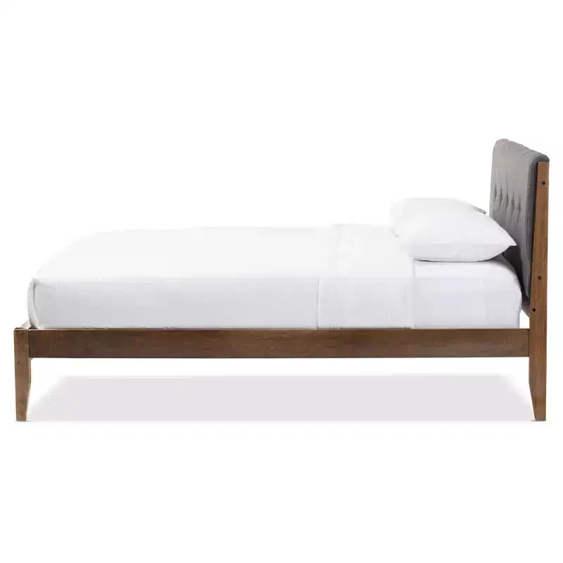King Leyton Mid-Century Modern Fabric Upholstered Platform Bed Gray/Walnut Brown - Baxton Studio: Rubberwood Frame, No Box Spring Needed