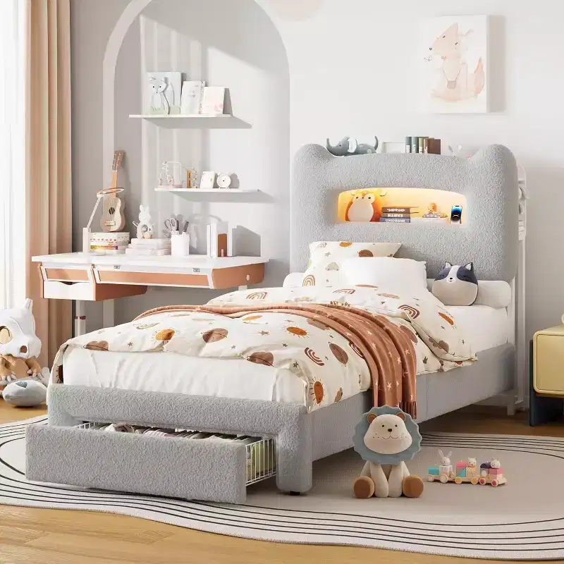 Twin Size Upholstered Platform Bed Frame with Storage Headboard, Charging Station & Drawer